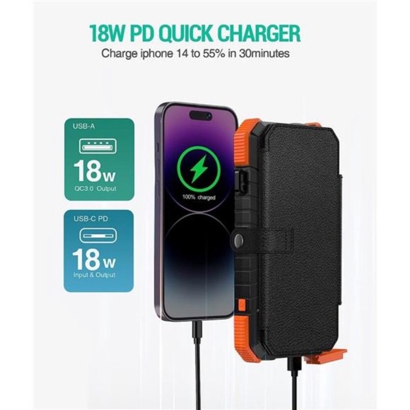 Solar Charger Power Bank, PD 18W QC3.0 Fast Charging 20000mAh Solar Powered - Picture 5 of 7